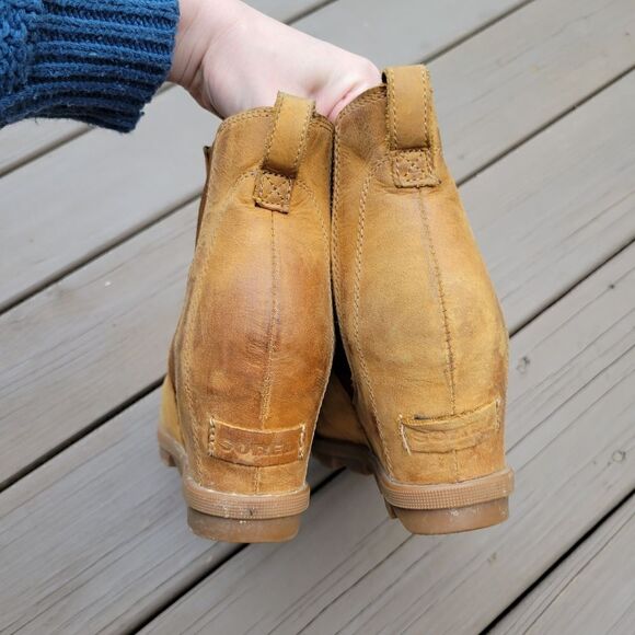 Sorel Joan of Arctic Wedge ll Chestnut Tan Burnished Leather Chelsea Ankle Boots - Picture 6 of 9